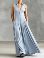 Women's Solid Color Lapel Sleeveless Casual Loose Cotton Dress