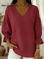 Elegant V-neck Lantern Sleeve Linen Shirt Top