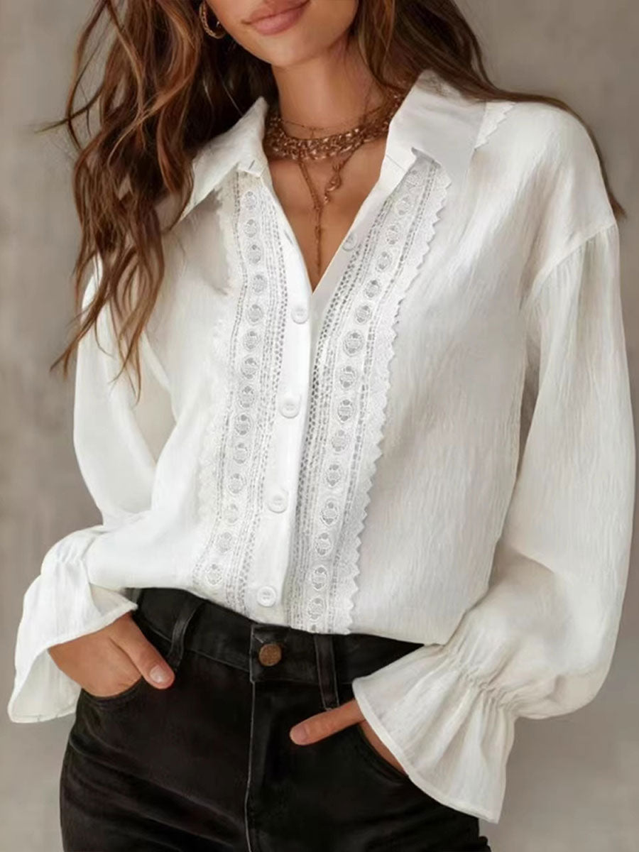 Women's Solid-color Lapel Collar Single-breasted Lace-paneled Long Sleeve Shirt