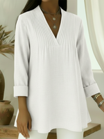 Casual Pleated V-neck Loose Linen-cotton Top