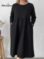 Classic Round Neck Solid Color A-line Dress