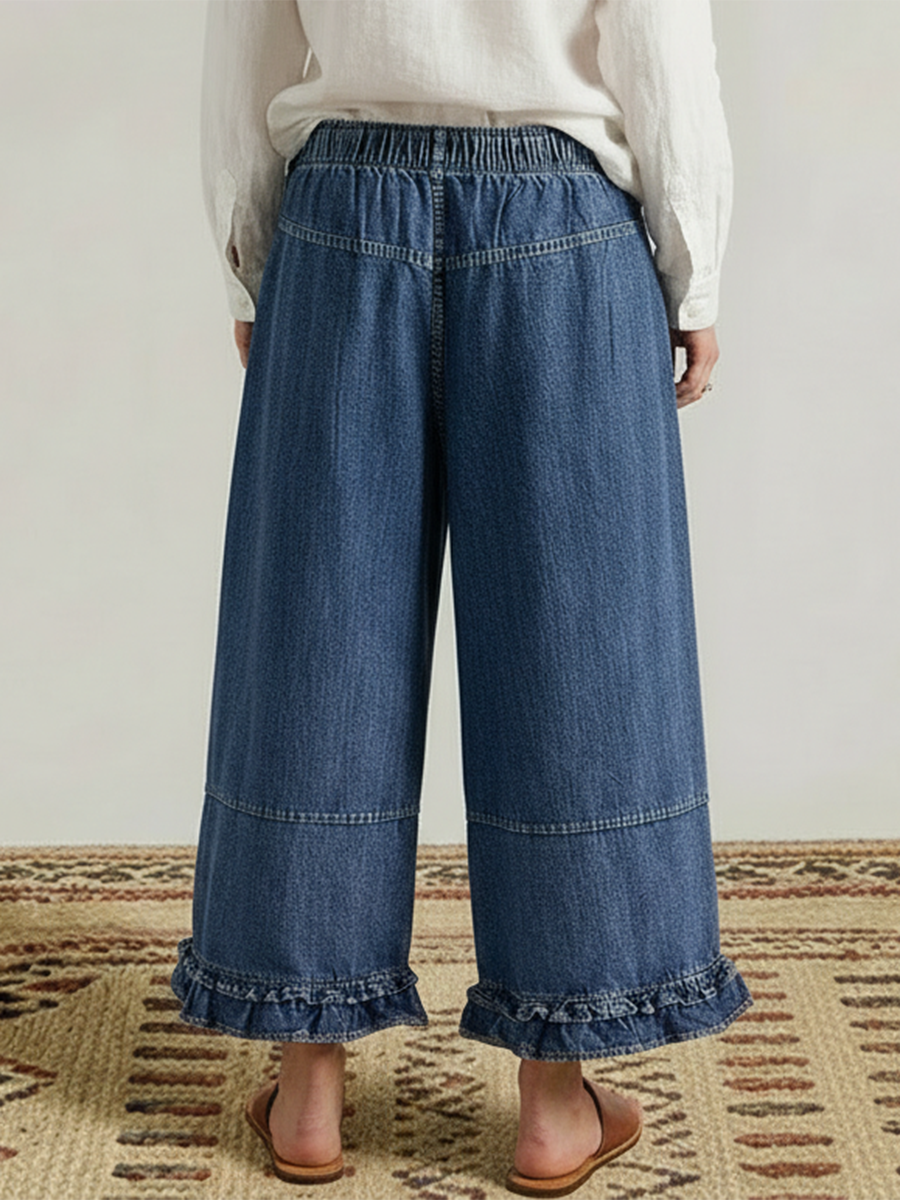 Casual Cozy Ruffled Details Denim Wide-leg Pants