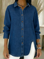 Casual Curved Hem Denim Shirt Top
