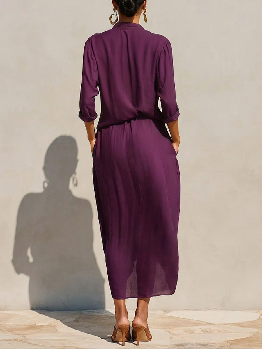 Women's Solid-color V-neck Long-sleeve Casual Loose Cotton-linen Dress
