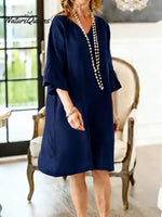 Women's Solid Color V-neck Three-quarter Sleeve Casual Loose Cotton And Linen Dress