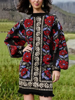 Women's Retro Floral Ethnic Print Stand Collar Long Sleeve Casual Loose Knit Dress