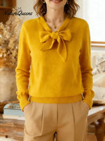 Women's Solid Color V-neck Bow Tie Long Sleeve Casual Loose Knit Sweater