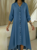 Casual Denim V-neck Ruffled Dress