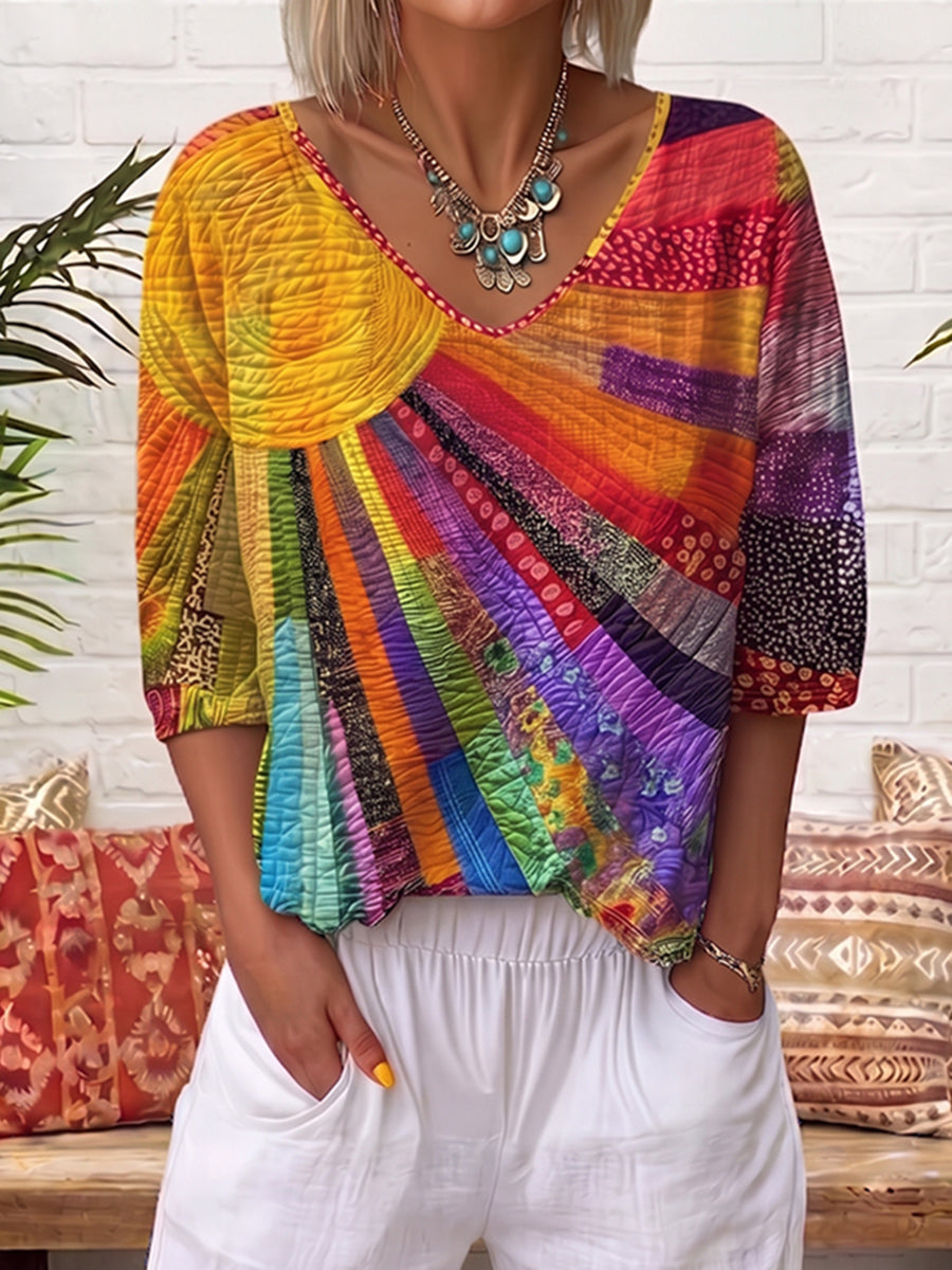 Boho Geometric Sun Print V-neck Cotton T-shirt