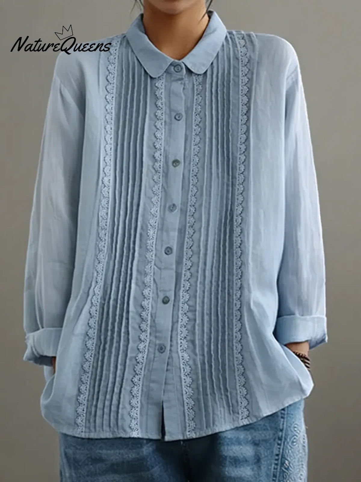 Women's Patchwork Lace Trim Linen And Cotton Pleated Shirt