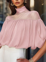 Women's Solid-color Stand-collar 3/4-sleeve Casual Loose Chiffon Top