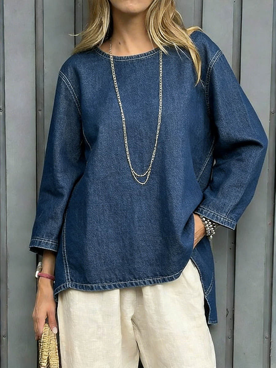 Women's Round Neck Long-sleeved Loose-fitting Simple Denim Top.