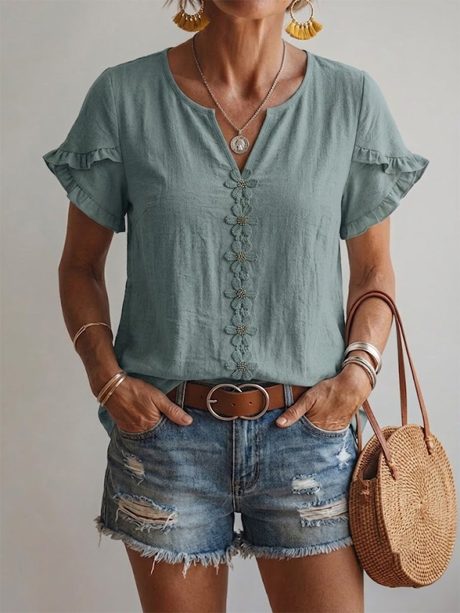 Floral-embroidered V-neck Casual Shirt With Ruffled Short Sleeves