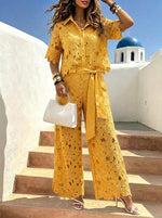 Women‘s Solid-color Cut-out Cardigan Top And Wide-leg Pants Two-piece Set For Women