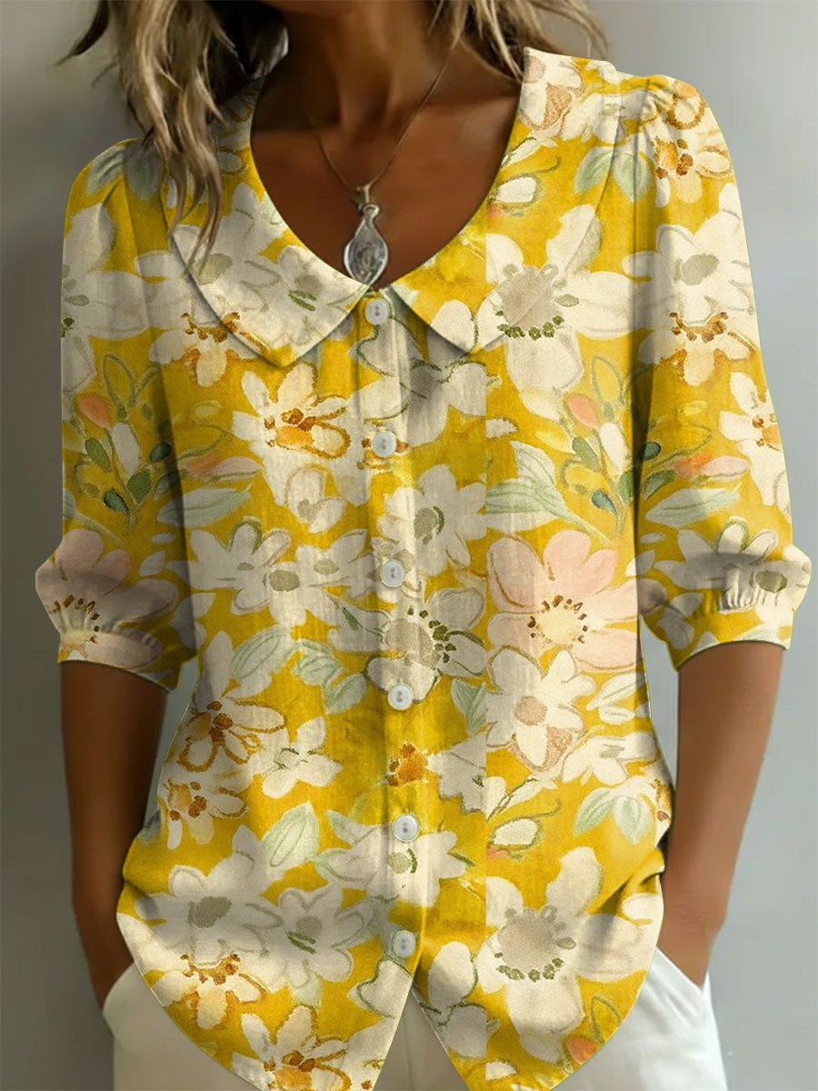 Women's Floral Art Print Casual Stylish Cotton Linen Shirt