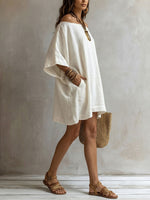 Women's Simple Retro Off-the-shoulder Long-sleeve Cotton-linen Dress