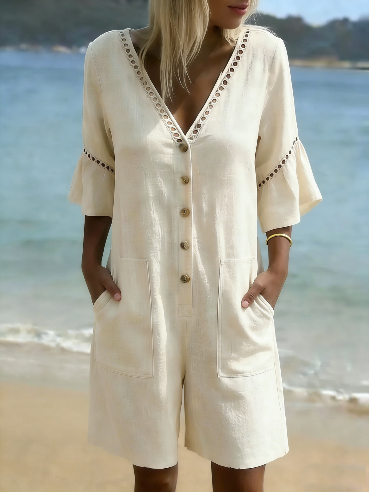 Retro Loose-fit Cutout Lace Cotton-linen Jumpsuit