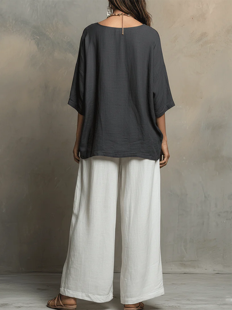Cozy Cotton-linen Irregular Top And Wide-leg Pants Two-piece Set