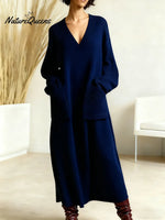 Women's Solid Color V-neck Long Sleeve Casual Pocket Loose Knit Dress