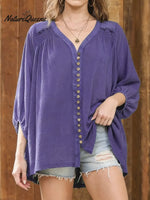 Women's Solid Color V-neck 3/4 Sleeve Casual Loose Cotton Shirt