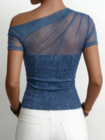 Women's Off-shoulder Short-sleeve Top — Casual Loose-fit Faux-denim Stretch Fabric