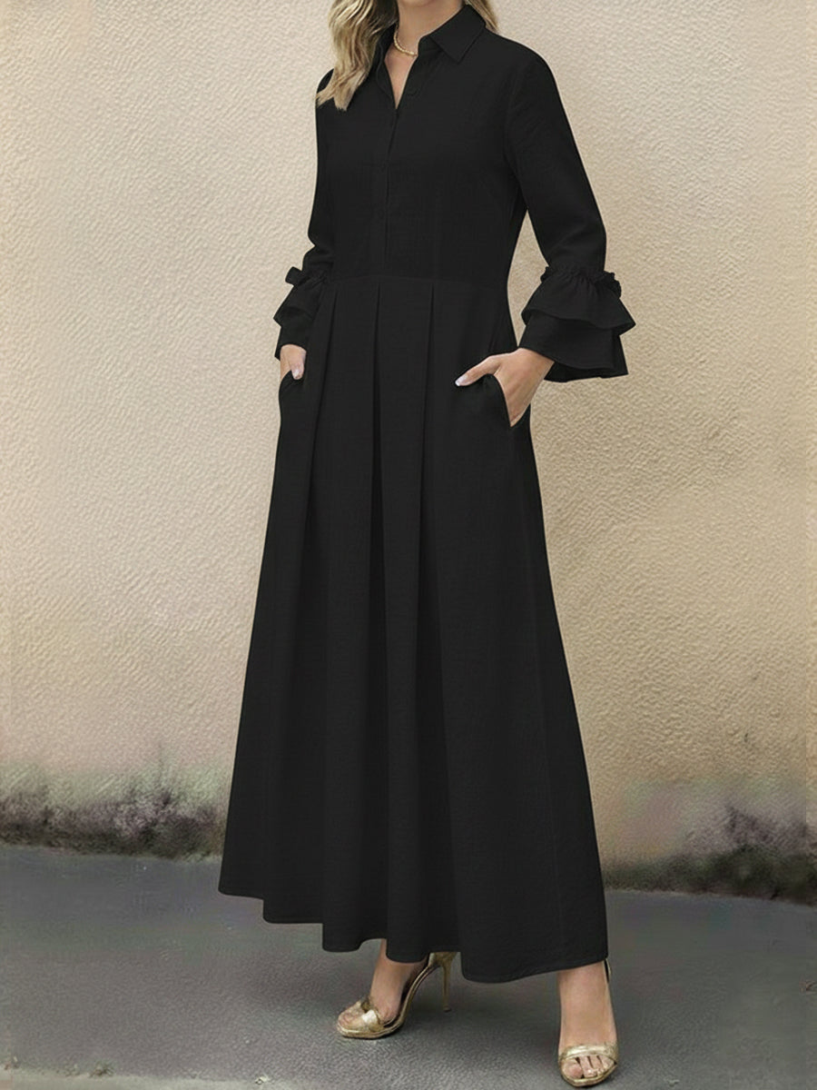 Women's Ruffled Sleeve Linen And Cotton Long Dress