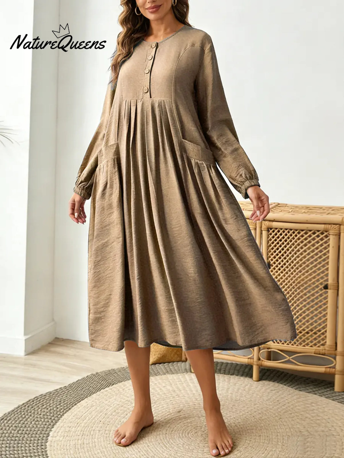 Women's Solid Color Round Neck Long-sleeved Casual Loose Cotton And Linen Dress