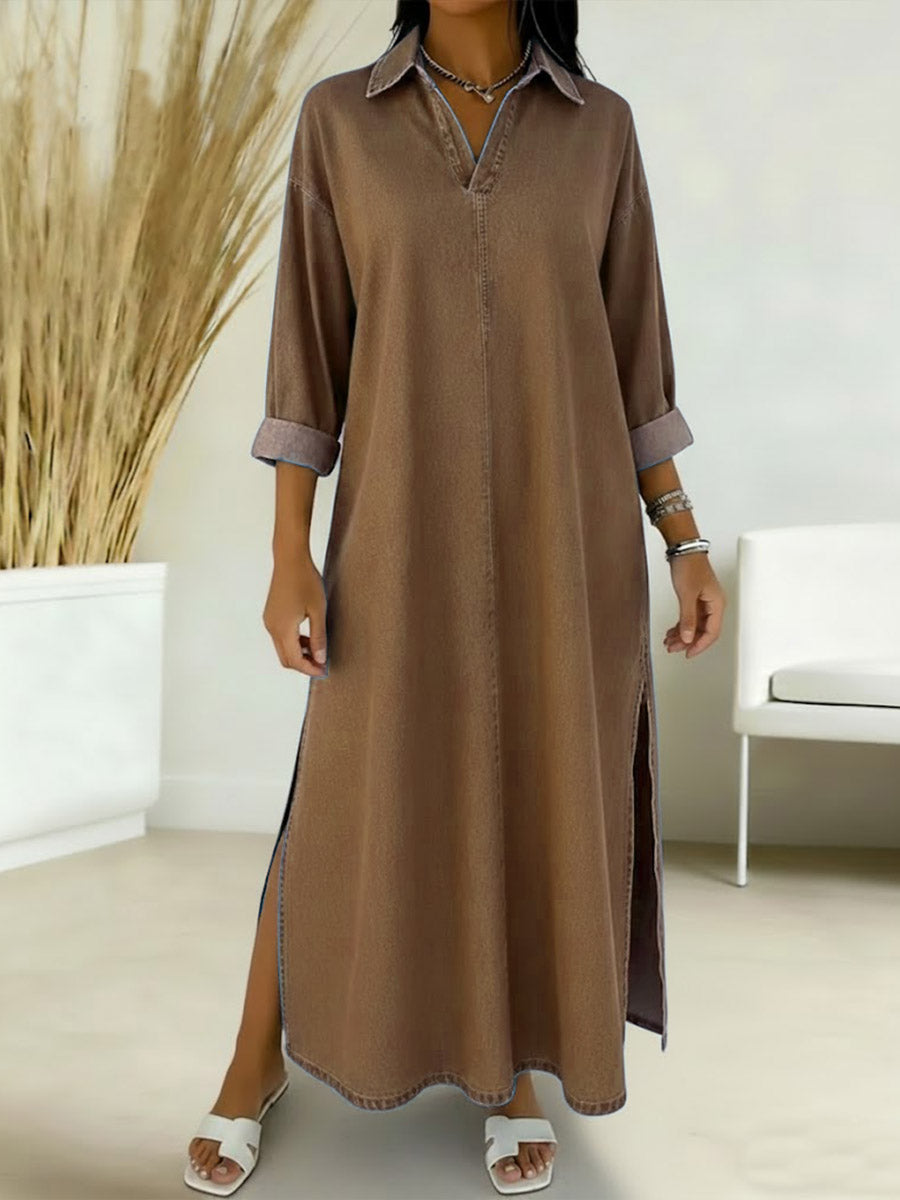 Women's New Spring Collection V-neck Long-sleeved Casual Loose Denim Dress With Side Slits.