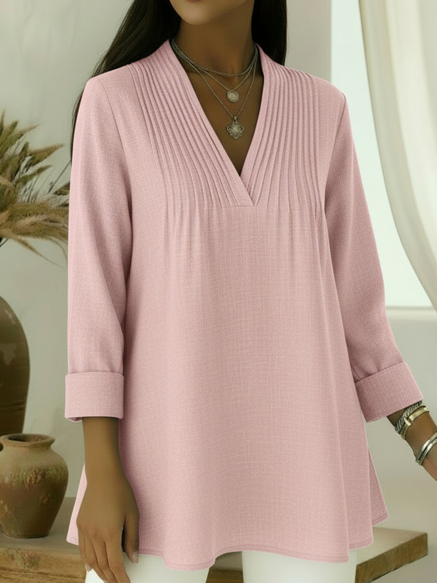 Casual Pleated V-neck Loose Linen-cotton Top