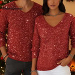Men's Retro Christmas V-neck Sparkling Knit Sweater Top