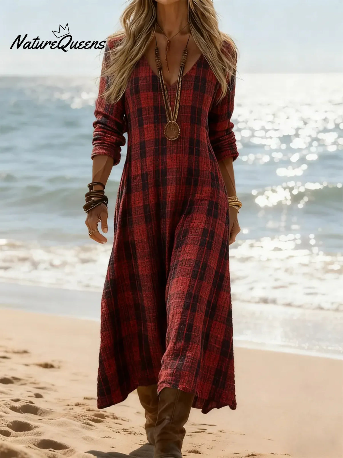 Women's Vintage Plaid Pattern Art Print Casual Cotton Dress