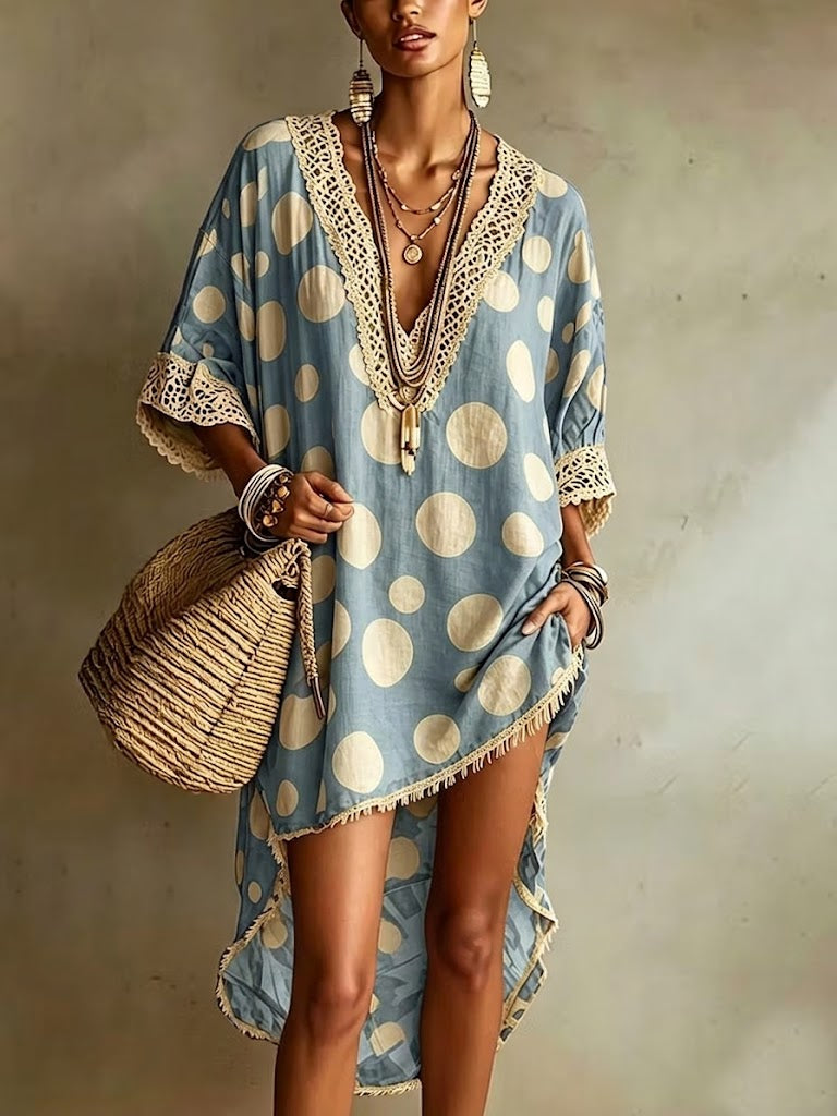 Loose-fit Casual Linen-cotton Dress With Polka Dot And Lace Trim Splicing