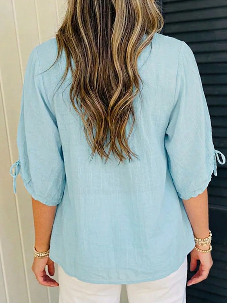 Women's Solid-color Crew Neck Short-sleeve Casual Loose Cotton-linen Top