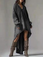 Women's V-neck Long-sleeved Casual Loose-fitting Denim Dress With A Shorter Front And Longer Back Hem.