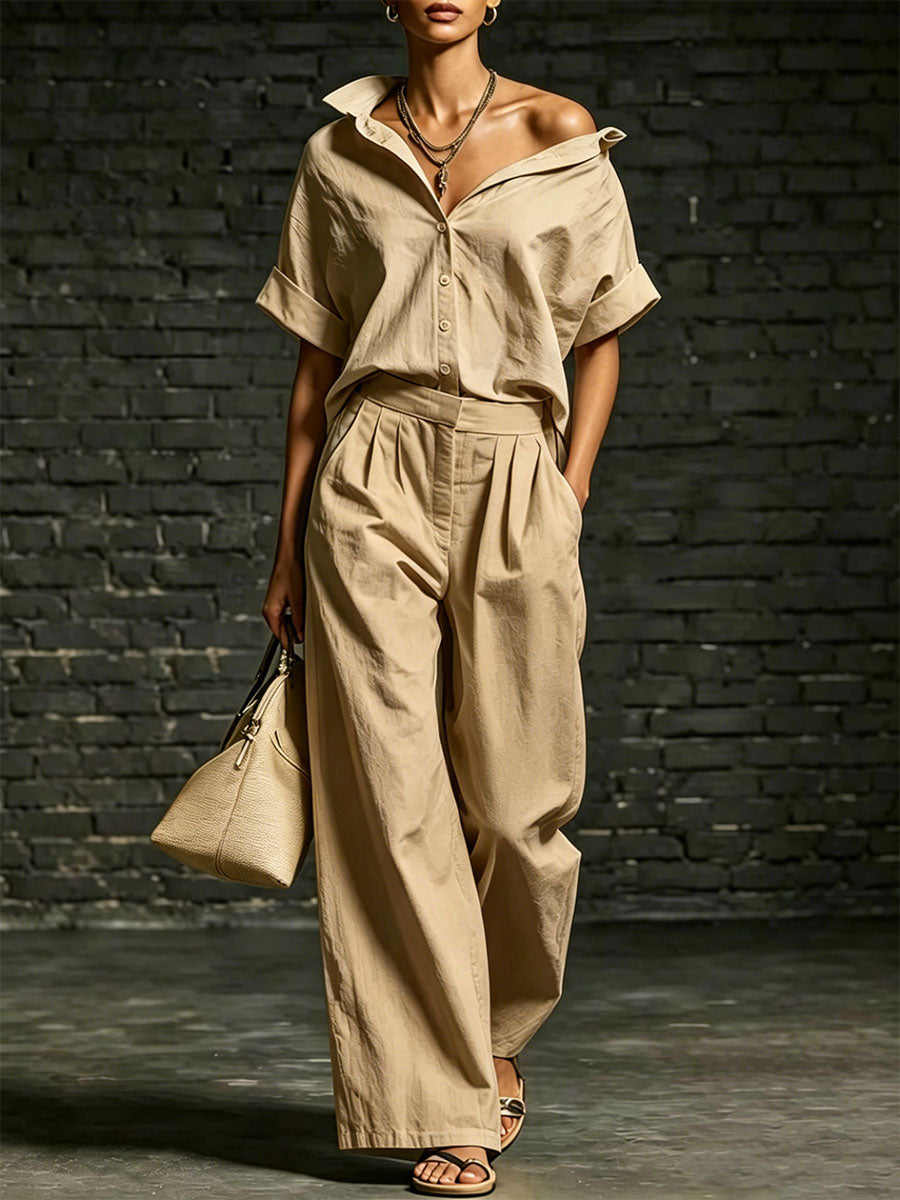Women's Solid-color Casual Lapel Short-sleeve Shirt And Wide-leg Trousers Set