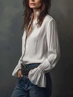 Women's Solid Color Ruffled Art Casual Long Sleeve Cotton Shirt