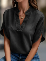 Casual V-neck Petal Sleeves Denim Blouse