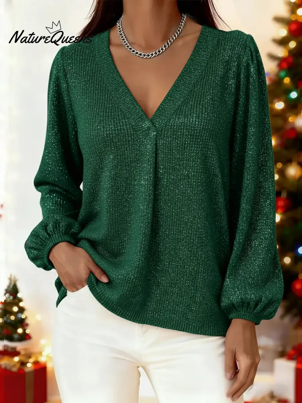 Women's Christmas Sparkly V-neck Top