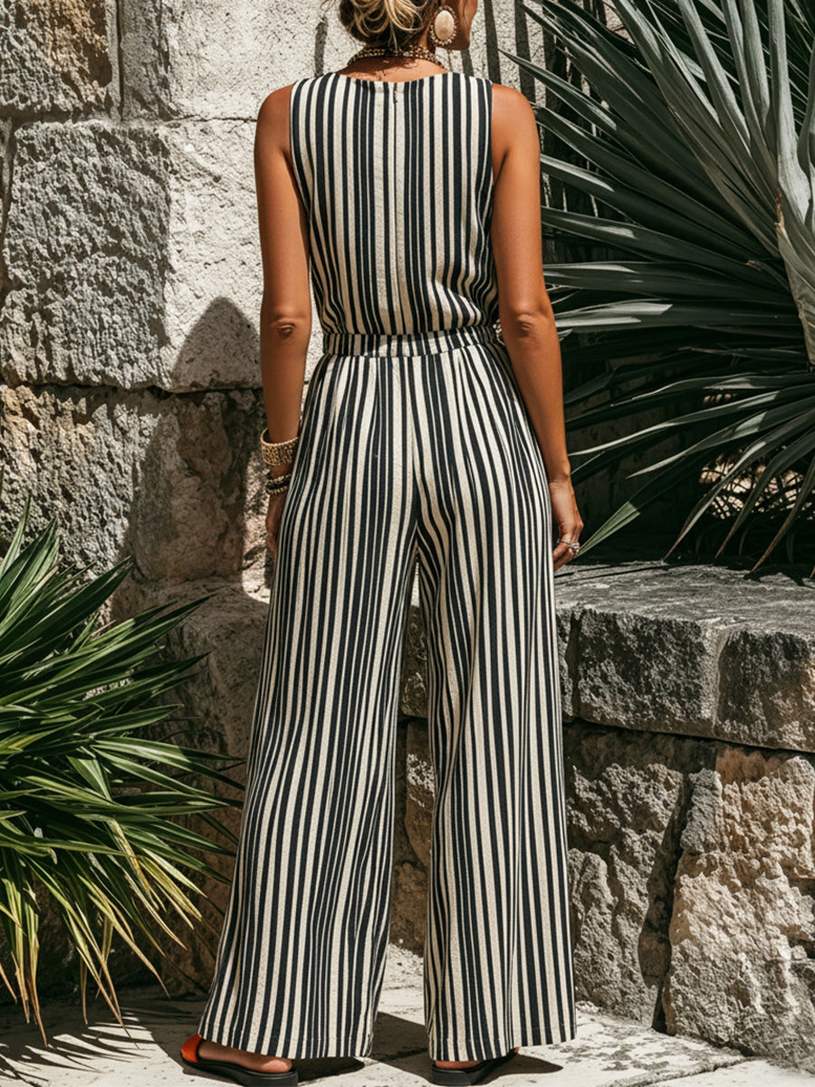 Women's Street-style Casual Striped V-neck Sleeveless Front-zip Jumpsuit
