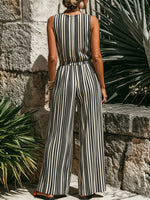 Women's Street-style Casual Striped V-neck Sleeveless Front-zip Jumpsuit