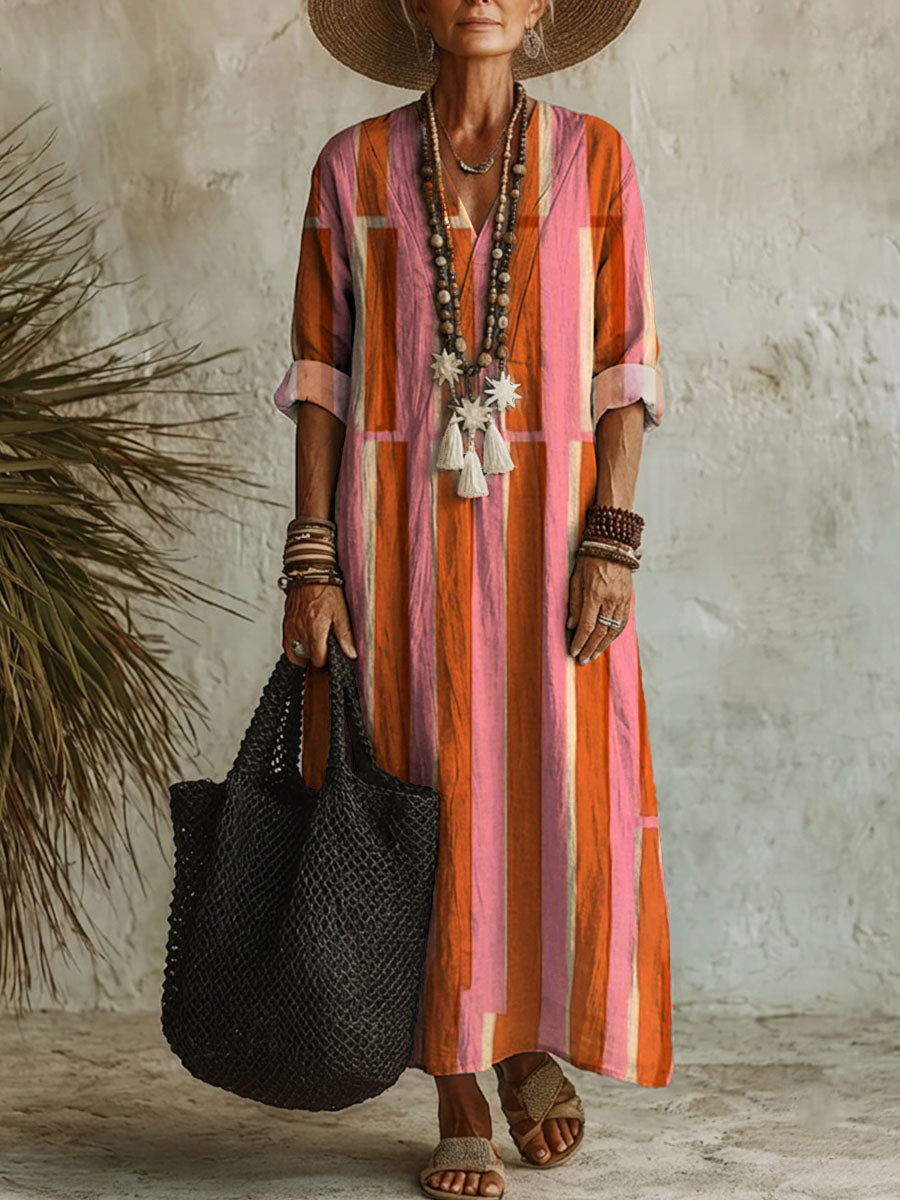 Women's Retro Geometric Print Casual Cotton-linen Maxi Dress
