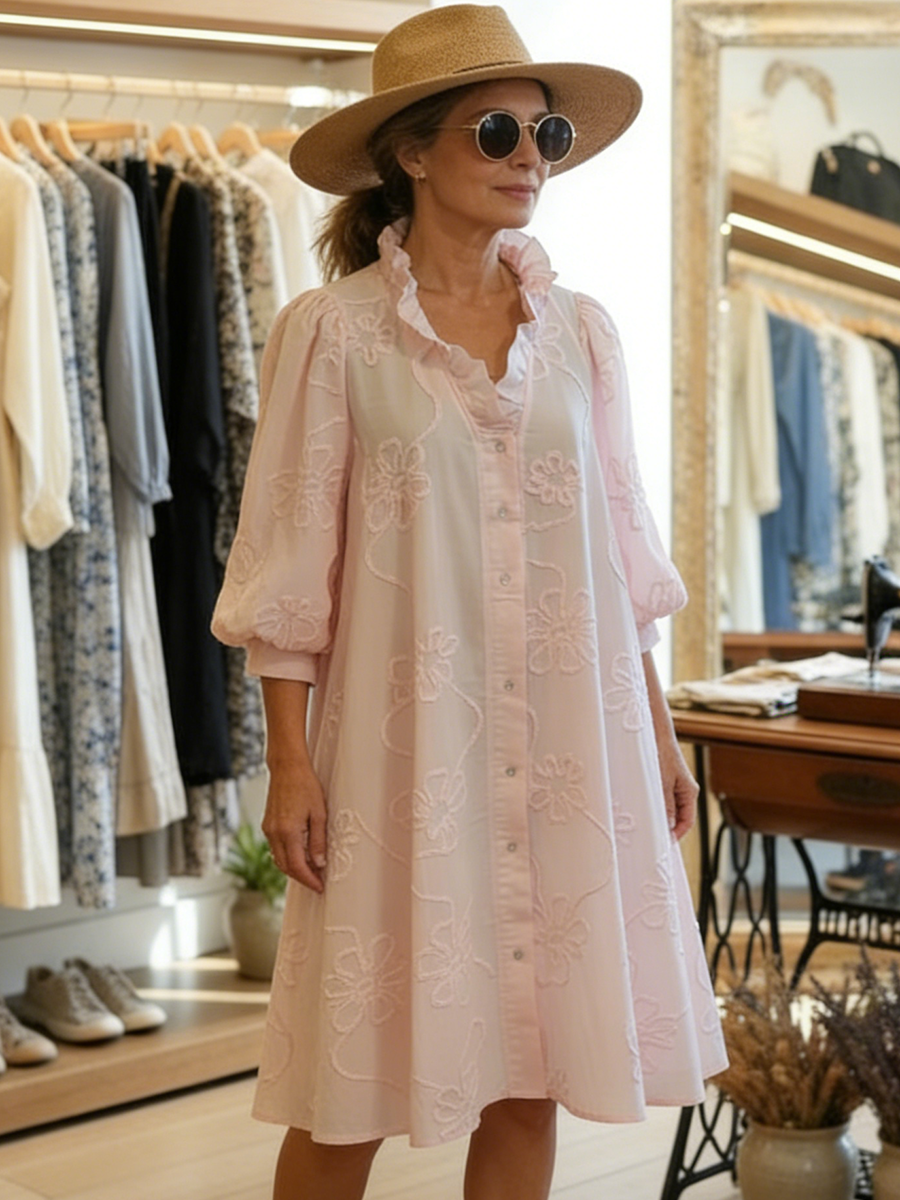 Casual Romantic Ruffled Collar Denim Shirt Dress