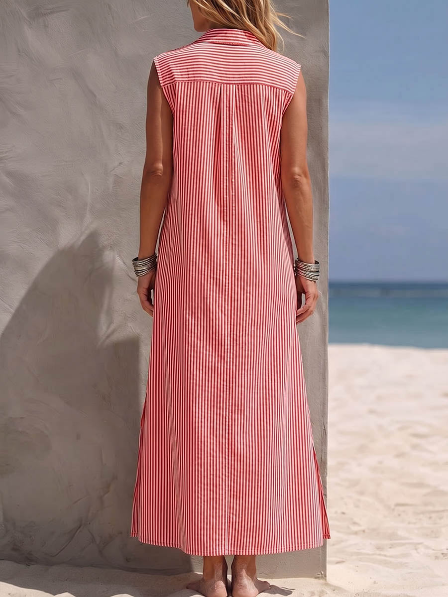 Women's Striped Print Sleeveless Cotton-linen Casual Loose Dress With Collar