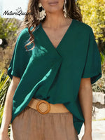 Women's Solid Color V-neck Short-sleeved Casual Loose Cotton And Linen Top