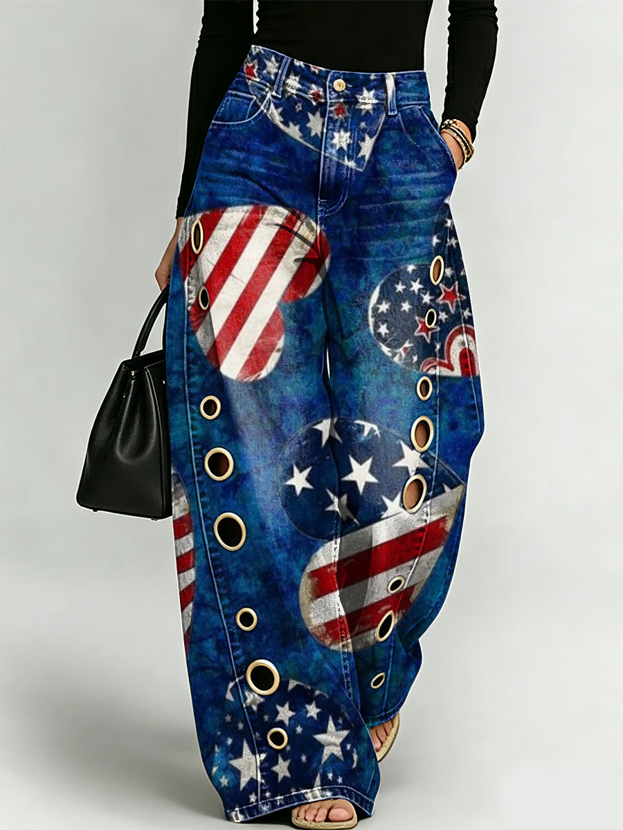 Women's American Independence Day Flag And Heart Decoration Patterns Cotton Denim Pants