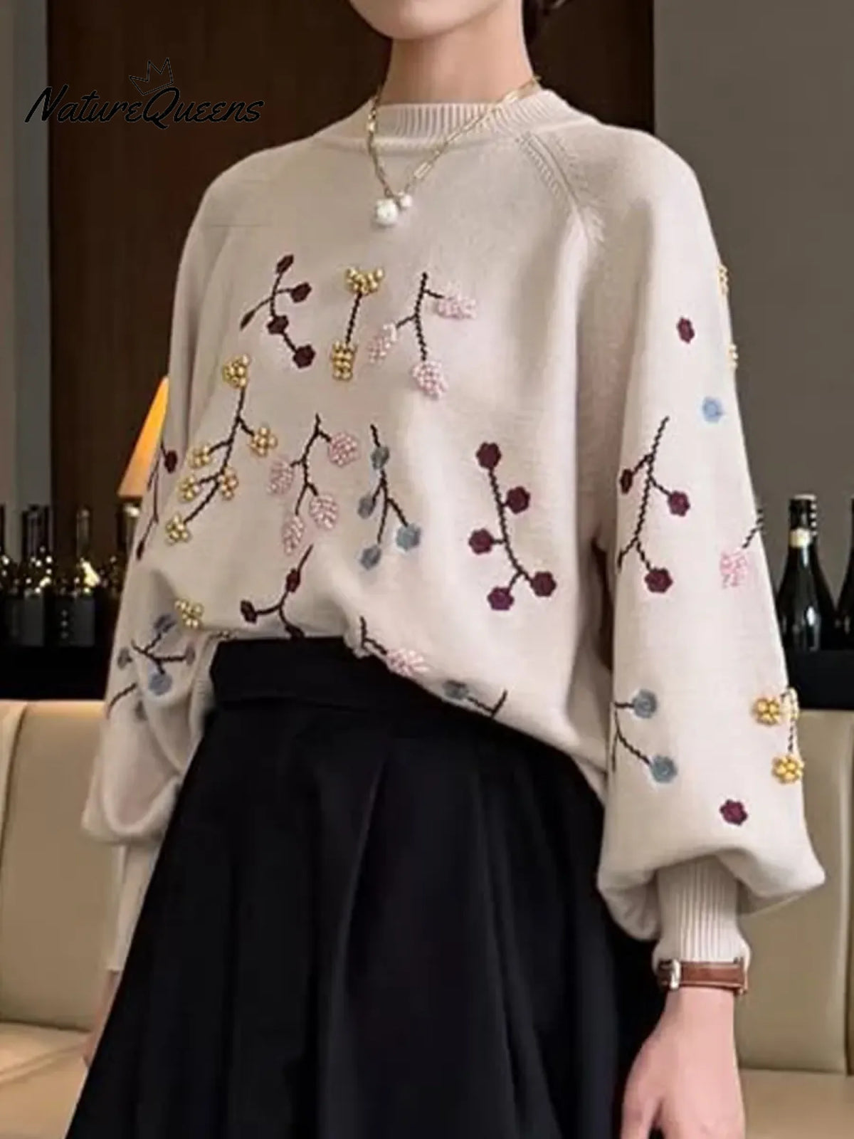 Women's Cozy Three-dimensional Embroidered And Beaded Pullover Sweater