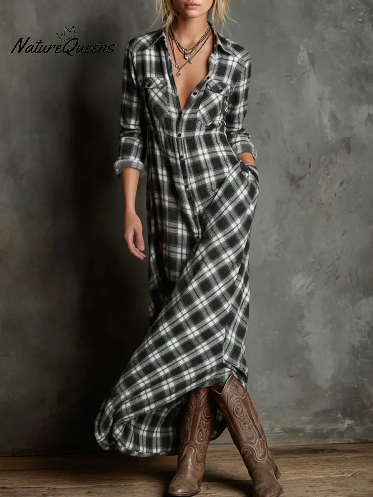 Women's Plaid Print Shirt Collar Long-sleeved Casual Loose Shirt Dress