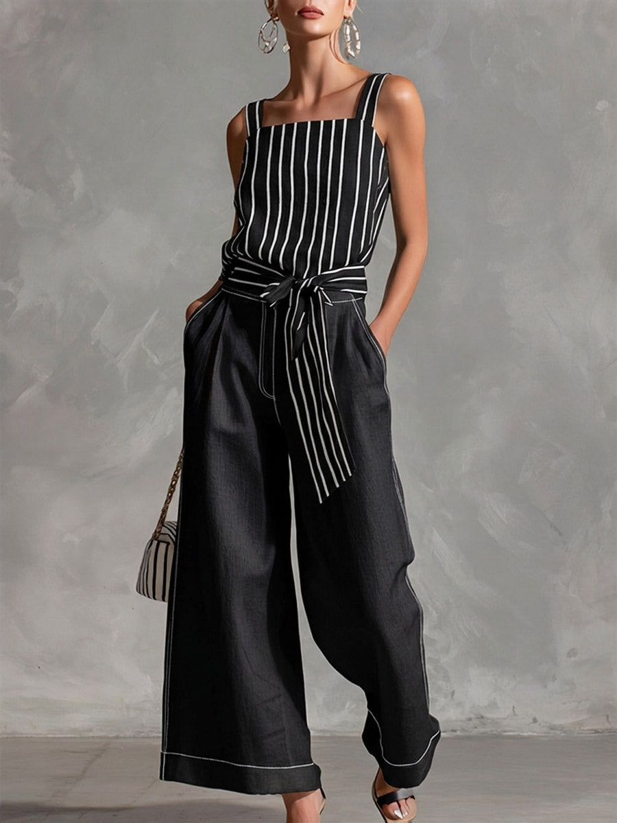 Women's Striped Print Square-neck Sleeveless Loose-fit Cotton-linen Top & High-waisted Wide-leg Pants Casual Set