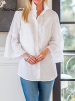 Women's Solid Color Lapel 3/4 Sleeve Casual Loose Cotton And Linen Shirt