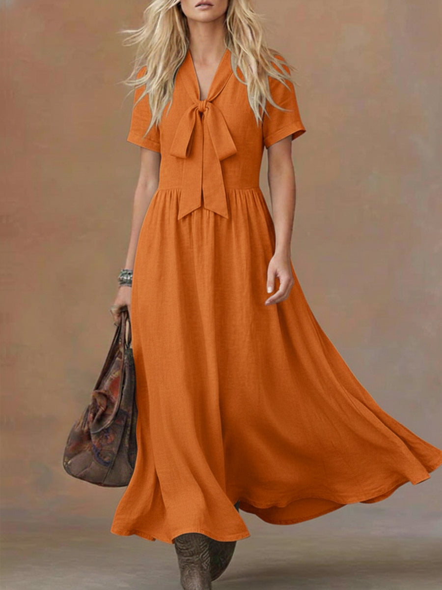 Comfortable Linen And Cotton Tie-waist Dress